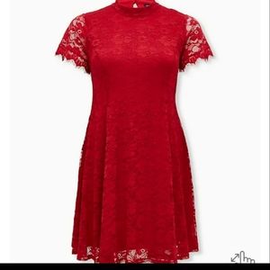 Red lace mock neck dress